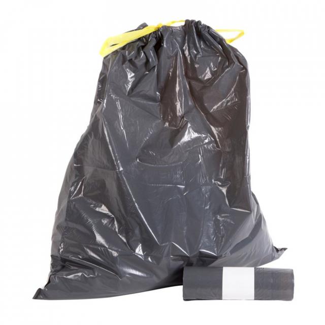 LDPE trekbandzakken 65×75+5cm grijs, 50mu, 20 rollen á 10 zakken per doos, 65 Liter.