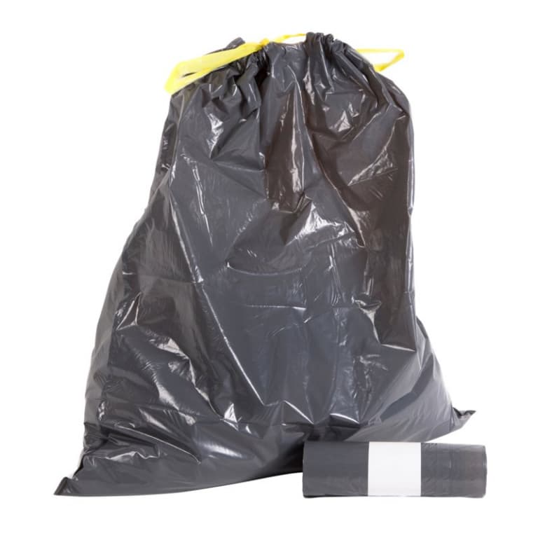 LDPE trekbandzakken 65×75+5cm grijs, 50mu, 20 rollen á 10 zakken per doos, 65 Liter.