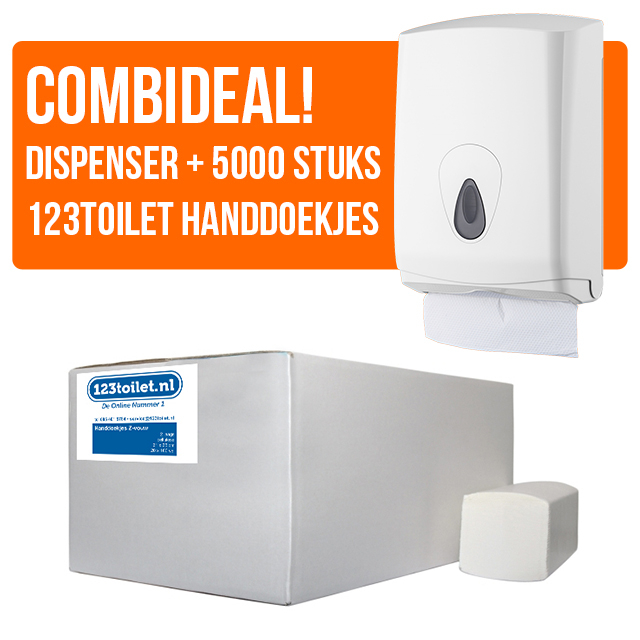 COMBIDEAL! Dispenser en één doos 123toilet vouwhanddoeken ZZ-vouw, 1-laags naturel, 5000 vel